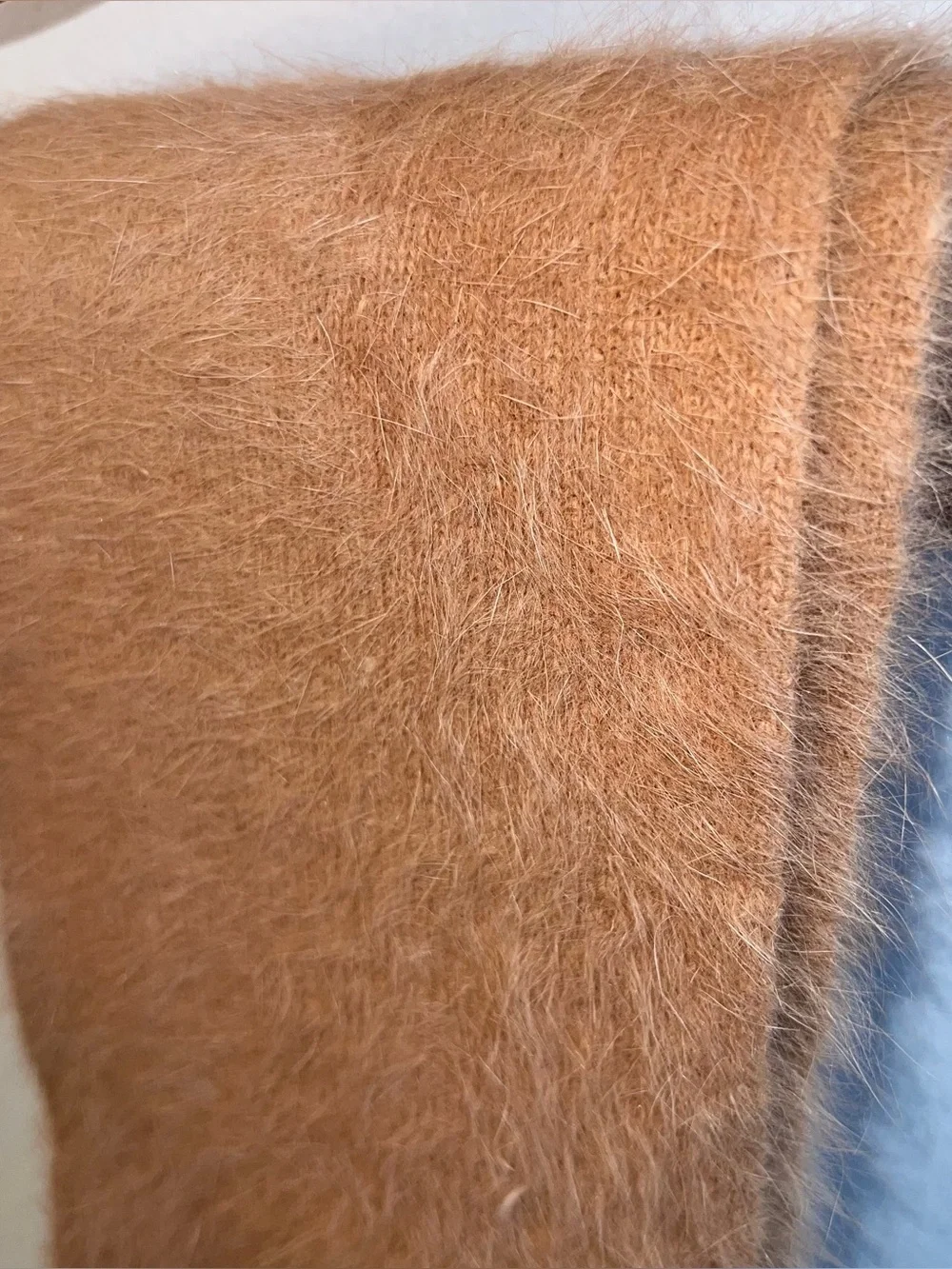 Women’s  Angora Rabbit Fur Scarf Neutral Classic camel fringe 58”x6”